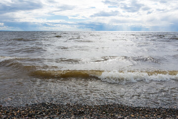shore of lake Onega in cloudy weather