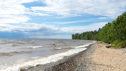 shore of lake Onega in cloudy weather	