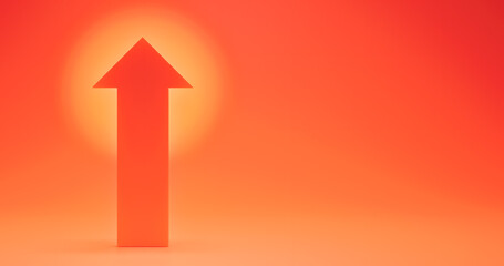 Simple red-orange up arrow sign on a bright red background. Growth symbol. Template for presentations with place for text. 8k resolution. 3D render.