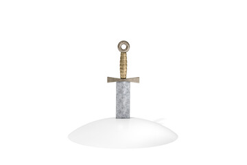 Sword pierce ground on white background 3d rendering. 3d illustration Excalibur, King Arthur or aged knights sword stuck in the ground.