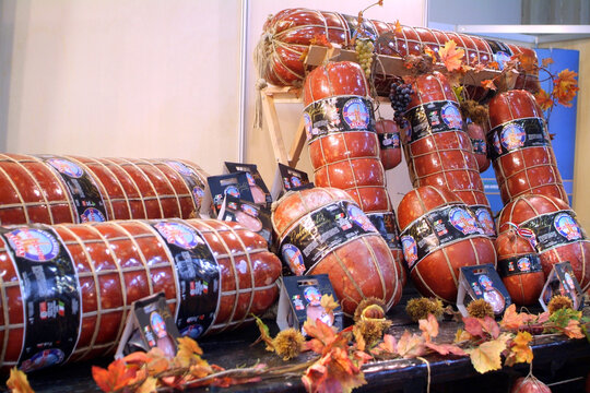 Turin, Piedmont, Italy. -10/22/2010- The food fair "Salone del Gusto". Mortadella di Bologna sausage.