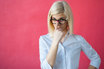 Full length body size view of her she ugly sullen strict mad brown-haired girl teacher tutor...