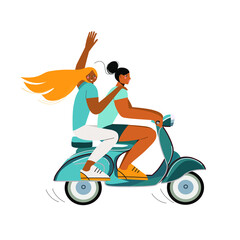 Fototapeta na wymiar two girls riding a scooter, their hair fluttering in the wind, summer pastime