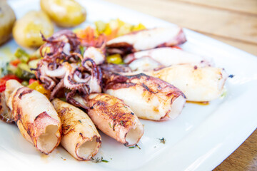 Delicious grilled whole squid with tomatoes, cucumber slices, Beetroots pieces and green dandelions served in white plate for a healthy Mediterranean meal