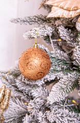 Fototapeta na wymiar christmas toy ball of gold color hanging on a spruce branch....