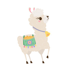 Obraz na płótnie Canvas Cute lama with a bell carries a bag of oranges in pastel colors isolated on white background . Funny baby animal. Alpaca for your child's room design. Vector illustration