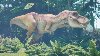 The Tyrannosaurus Rex dinosaur slowly creeps up on its prey in a thicket of green prehistoric jungle. View of the green prehistoric jungle forest on a Sunny morning. 3D Rendering. © designprojects