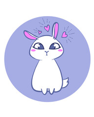 Cute white rabbit, bunny.  Hand drawing vector illustration, sticker  cartoon character. For designing baby clothes, kid print, posters, card