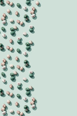 Colorful Easter Quail eggs on light blue. Spring pattern with Easter small spotted egg.