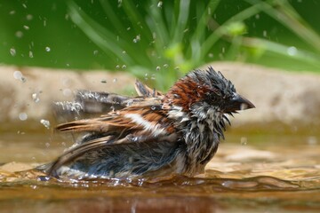 House sparrows - Passer domesticus  bathes.  Czechia. Europe.