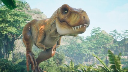 The Tyrannosaurus Rex dinosaur slowly creeps up on its prey in a thicket of green prehistoric jungle. View of the green prehistoric jungle forest on a Sunny morning. 3D Rendering. © designprojects