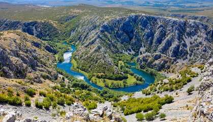 High angle view of river canyon in Obrovac, Croatia