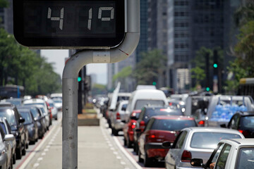 Street digital thermometer measures a temperature of 41 degrees celsius in Paulista avenue, Avenida...