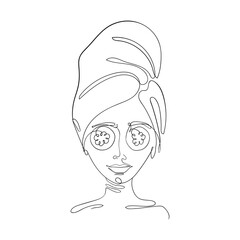 Vector illustration of a girl with a towel on her head and cucumbers in her eyes is drawn by one endless line. Cosmetic procedures at home, skin care