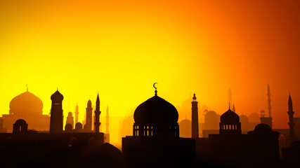Silhouette einer islamischen arabischen Stadt. Naher Osten. Religiöse Denkmäler und Minarette mit Kuppeln. Blick auf den Sonnenuntergang. 3D-Rendering. Licht und Schatten zwischen den Häusern eines bewohnten Zentrums