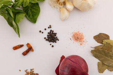Onion, garlic, pepper and spices on white background