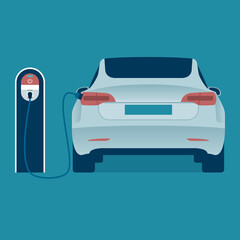 Charging an electric Tesla car at an EV charging station