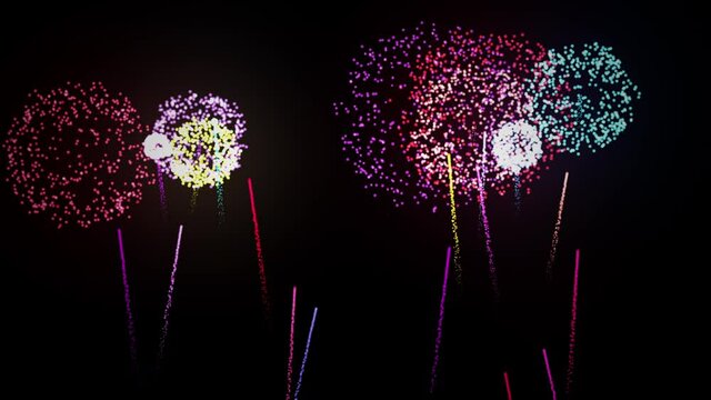 Colorful fireworks background. New year's eve real fireworks celebration.Animation abstract blur of colorful fireworks with bokeh lights on black background with space for design.