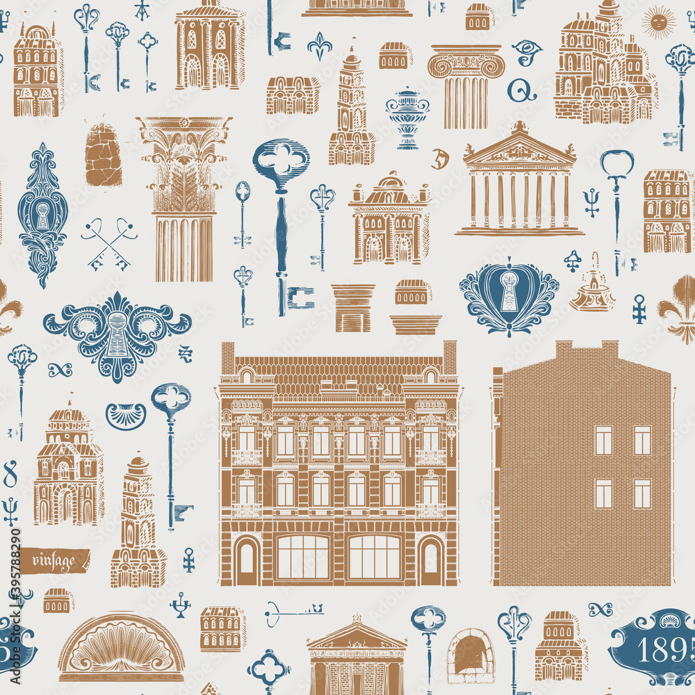 Poster seamless pattern on the theme of architecture, houses and buildings. repeating vector background wit