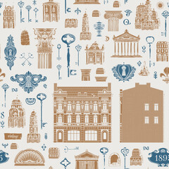 Seamless pattern on the theme of architecture, houses and buildings. Repeating vector background with vintage buildings, architectural elements and old keys. Suitable for Wallpaper, wrapping paper © paseven