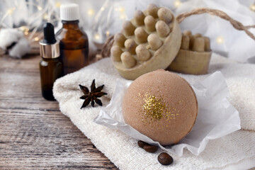 Aromatherapy bath setting with spa bombs and soap bars. Natural cosmetic and wellness concept. ...