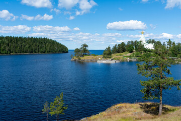 Fototapeta premium Dome of St. Nicholas Church on the shore of the island of Valaam on lake Ladoga