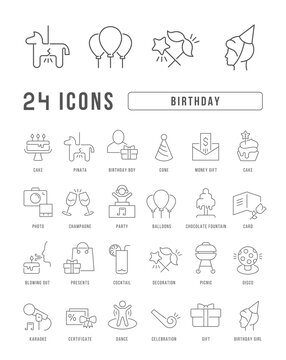Set of linear icons of Birthday