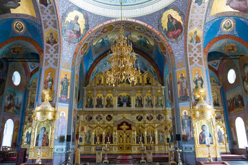 Fototapeta na wymiar Interior elements of the upper hall of the Transfiguration Cathedral of the Valaam monastery