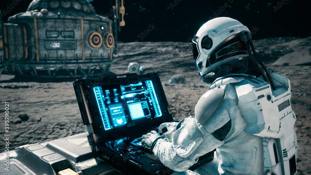 Poster an astronaut works on his laptop at a space base on one of the new planets. 3d rendering.