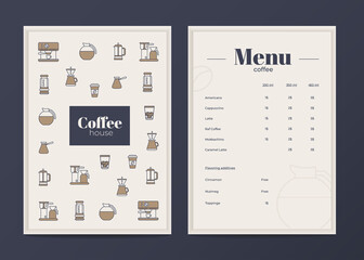 Coffee restaurant brochure vector, coffee shop menu design. Modern cafe template with coffee graphic icons. Restaurant Menu Design template. Vector illustration.