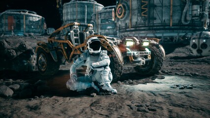The astronaut is resting near his lunar rover and admiring the planet. View of the lunar surface and space base. 3D Rendering. - obrazy, fototapety, plakaty