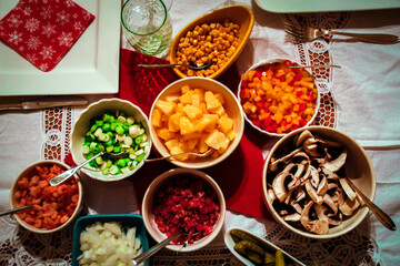 Colorful vegetables in bowls on christmas