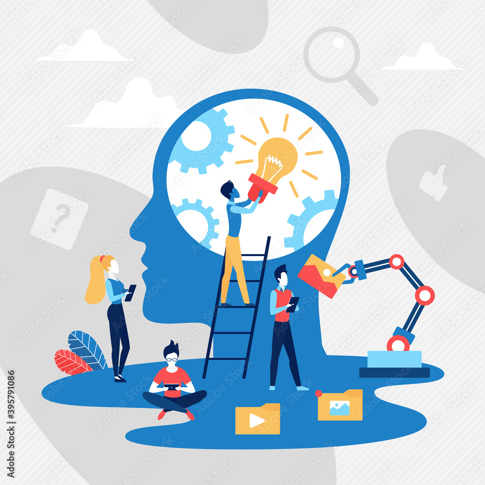 Poster Load creative idea concept vector illustration. Cartoon tiny people group uploading new idea light bulb, creating inspiration data for thinking in human brain, abstract big head of person background