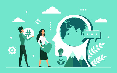 Save Earth ecology and environment eco concept vector illustration. Cartoon people holding heart and social media tag, standing next to abstract human head with green world planet inside background