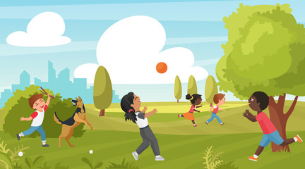Kids play in summer park vector illustration. Cartoon child training pet dog, children have fun, running and playing with ball on green grass field, outdoor sport activity in childhood background