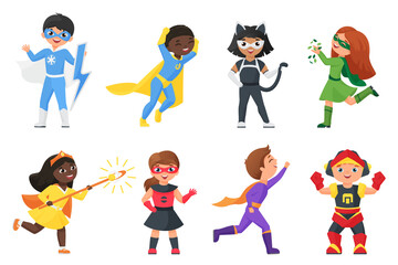 Super hero kids vector illustration set. Cartoon children superheroes collection with cute girl and boy child character wearing funny colorful costumes and masks for carnival party isolated on white