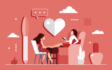 Pedicure in beauty salon concept vector illustration. Cartoon beautician pedicure service in nail studio, body care spa procedures and relaxing pedicure treatment for female feet flat background