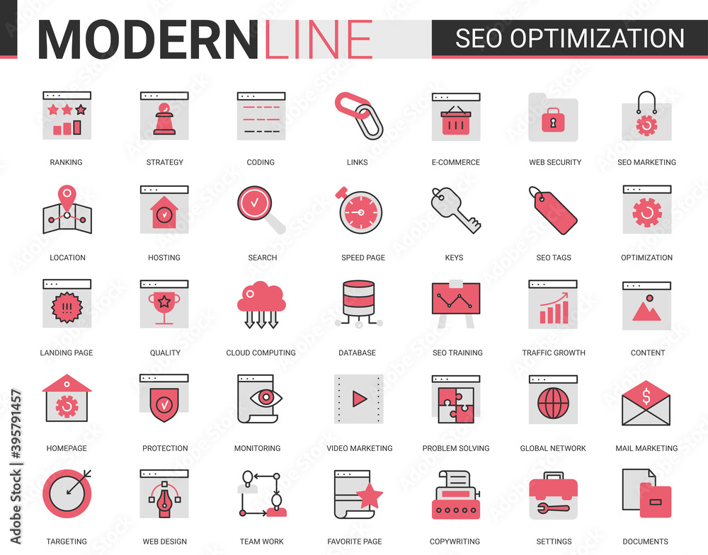Aufkleber seo optimization technology vector flat line icon set. linear tech analytics website symbols for int