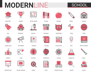 School education flat line icon vector illustration set with outline schooling ui mobile app collection of educational items for students and school subjects, editable stroke study symbols