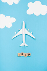 Naklejka premium top view of plane model and cubes with word trip on blue sky 