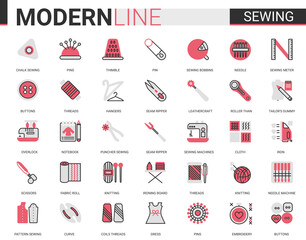Sewing tailoring thin red black flat line icon vector illustration set. Outline tailor needlework app symbols, equipment and items collection for embroidery knitting or sewing clothes work