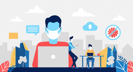 Remote work to avoid coronavirus covid19 vector illustration. Cartoon freelancer man character in mask working online with laptop from home during quarantine, remote business freelance job background