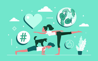 Practice yoga together concept vector illustration. Cartoon yogi people group doing yoga exercises, practicing fitness workout, sport and healthy eating diet, lifestyle for body health background