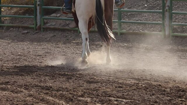 Multicolored paint horse in western riding gear turns and trots in a circle slow motion in a dusty corral