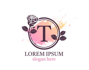 Letter T monogram logo. Circle floral style with beautiful roses. Feminine Icon Design.
