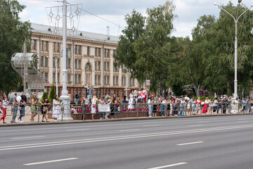 Minsk, Belarus - August 10 2020: The largest Belarusian protests and political demonstrations in...