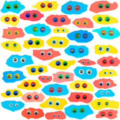 various eyes of different colors on different colored patches
