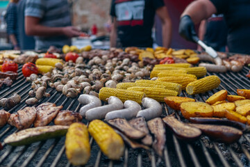 grilled vegetable and meat on barbecue at food fest or festival outdoor