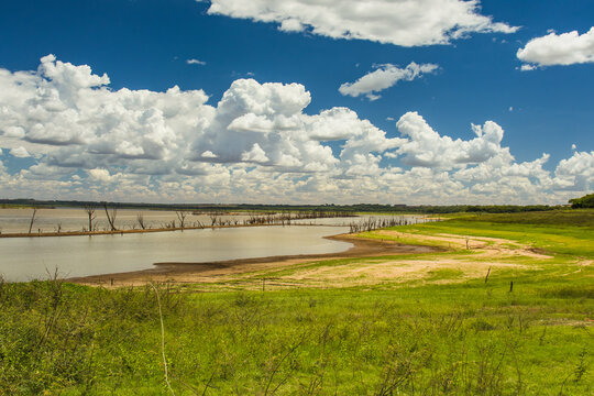 Marimbondo Reservoir in Guaraci, Brazil, During Severe Drought with Dry Trees in the Water on a Sunny, Cloudy Day