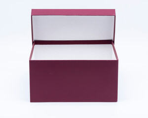 Open empty square carton pink box isolated on white